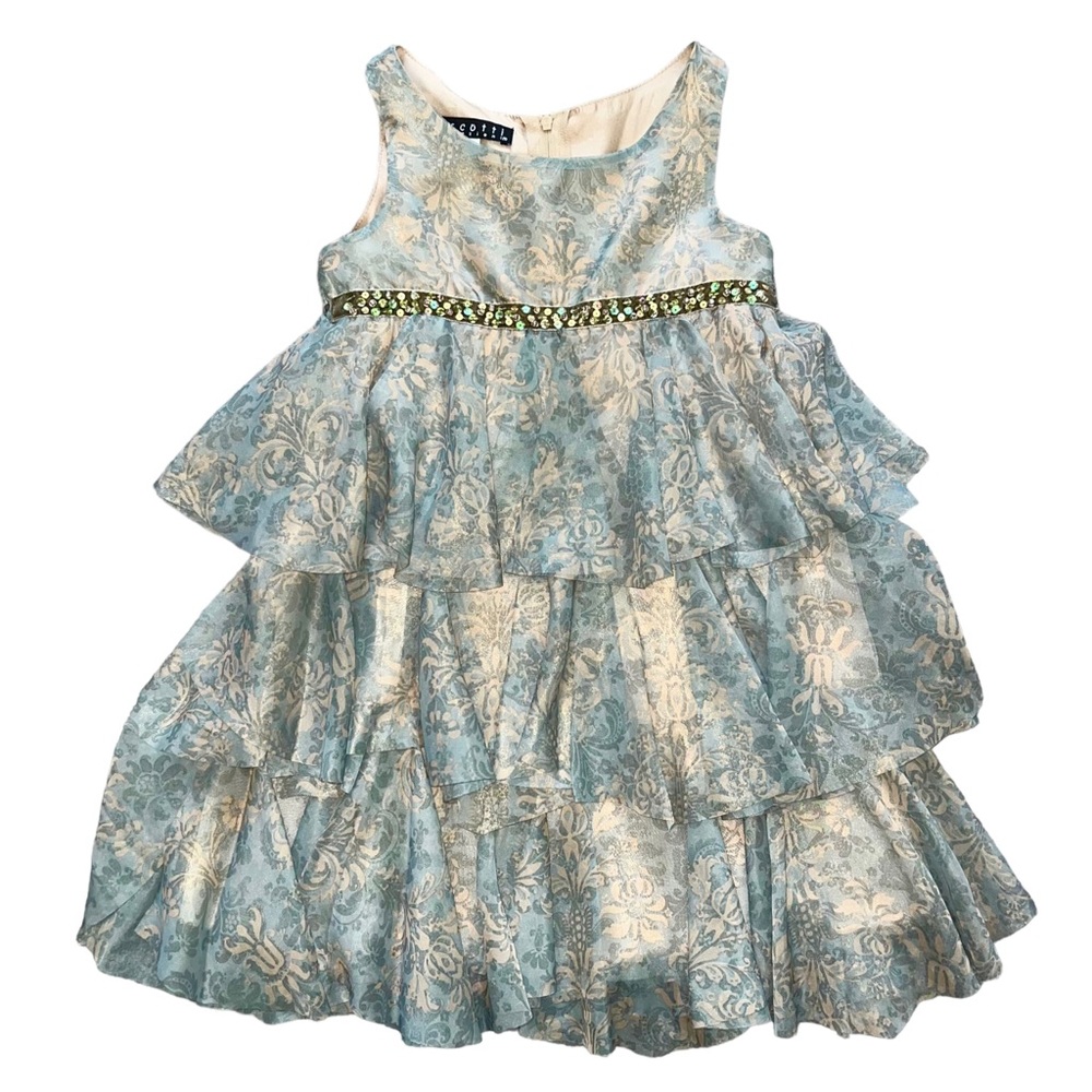 Biscotti Blue and Cream Tiered Floral Brocade Dress with Embellished Waist